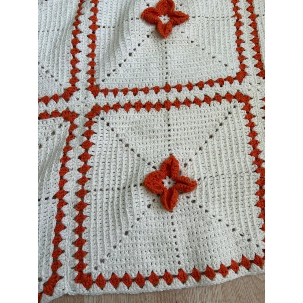 Handmade Crochet Bedspread 61x87 White Orange 3D Floral Granny Square Retro‎